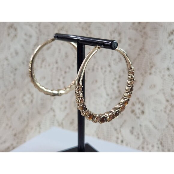 EUC Liz Claiborne Earthtone Gold-Tone Rhinestone Hoop Earrings - Picture 1 of 5